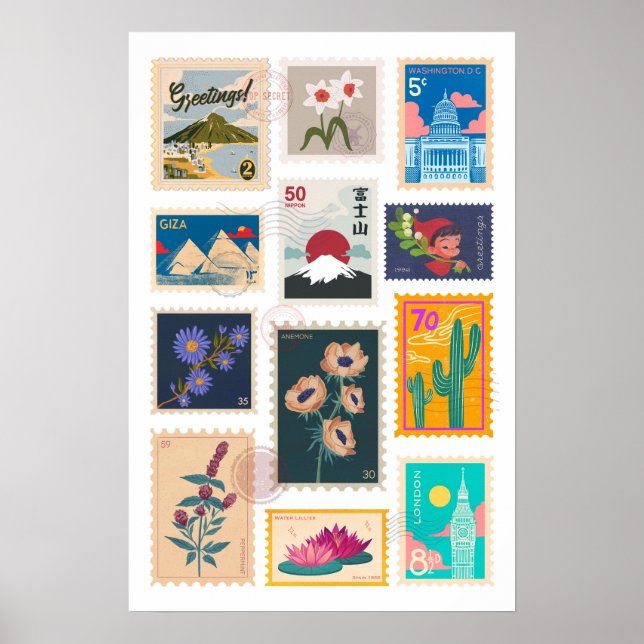 Trendy Vintage Postal Stamps Collection Poster (Front)