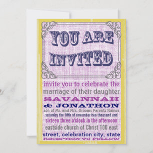 Trendy Vintage Poster Style Navy Purple and Yellow Invitation