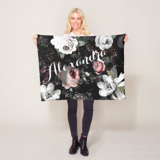 Trendy Vintage Rose Pink Purple Black Pattern Fleece Blanket
