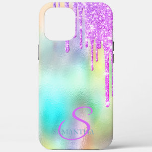 Trendy Violet Glitter Drips Holographic iPhone 12 Pro Max Case