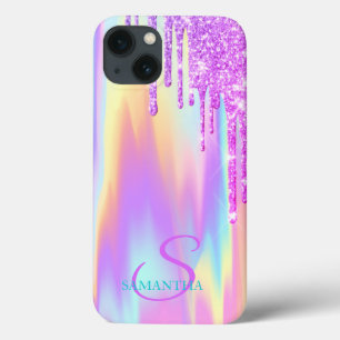 Trendy Violet Glitter Drips Ombre Holographic iPhone 13 Case
