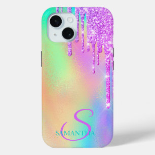 Trendy Violet Glitter Drips Rainbow Holographic iPhone 15 Case