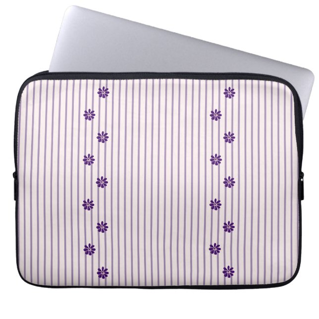 Trendy Violet Stripes and Purple Flower Rows Laptop Sleeve (Front)
