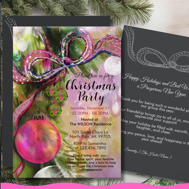 Trendy Vivid Pink Bold Ribbon Christmas Party Invitation (Trendy Vivid Pink Bold Ribbon Christmas Party Invitation)
