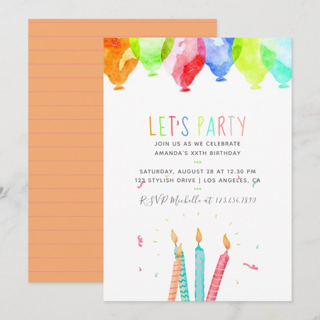 Trendy Watercolor Any Age Birthday Party Invite (Front/Back)