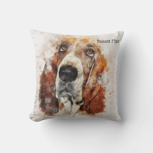 Trendy Watercolor Basset Hound Personalised Cushion (Front)