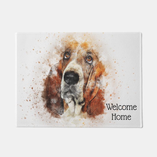Trendy Watercolor Basset Hound Personalised Doormat (Front)