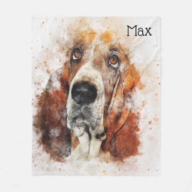 Trendy Watercolor Basset Hound Personalised Fleece Blanket (Front)