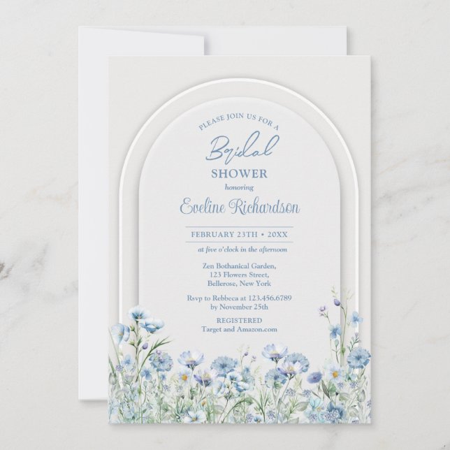 Trendy watercolor blue wildflowers boho arch sage invitation (Front)