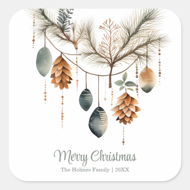 Trendy Watercolor Boho Christmas Ornaments Square Sticker (Front)
