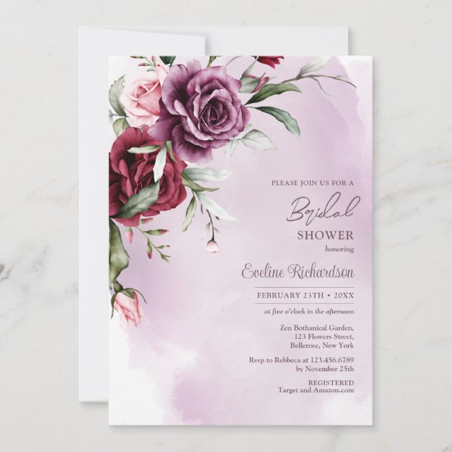 Trendy watercolor boho mauve and burgundy roses invitation (Front)