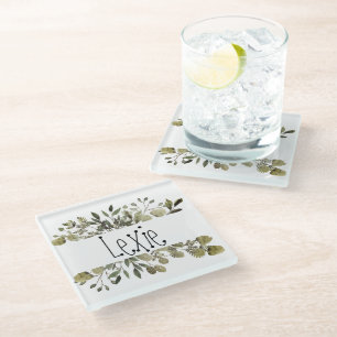 Trendy Watercolor Botanical Personalised  Glass Coaster
