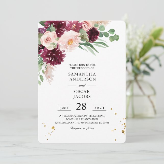 Trendy Watercolor Burgundy Blush Pink Floral  Invitation (Standing Front)