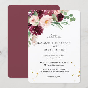 Trendy Watercolor Burgundy Blush Pink Floral  Invitation