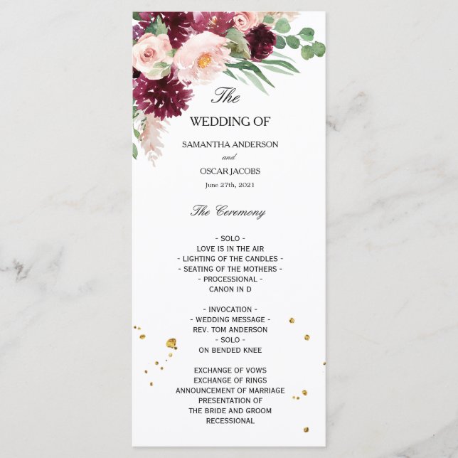 Trendy Watercolor Burgundy Blush Pink Floral  Menu (Front)