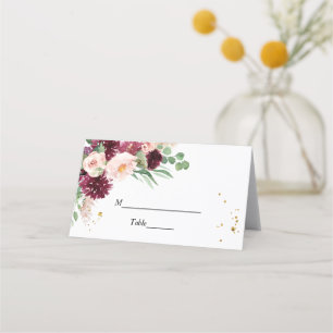 Trendy Watercolor Burgundy Blush Pink Floral  Place Card