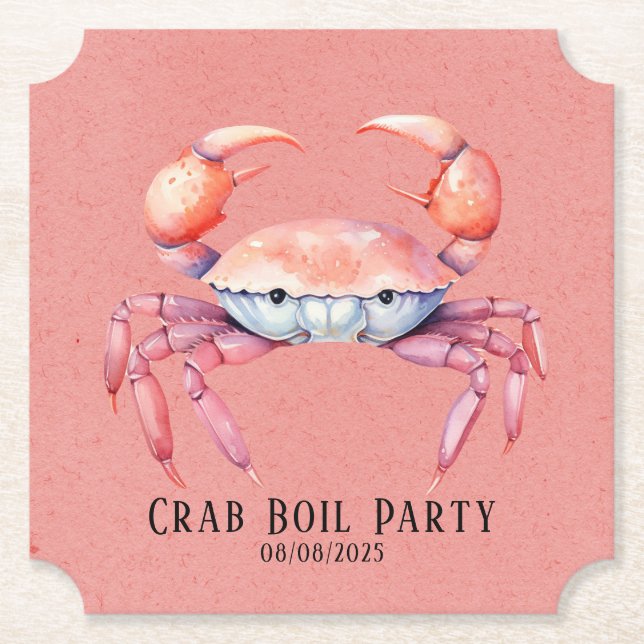 Trendy Watercolor Crab Boil Party / Company Paper Coaster (Front)