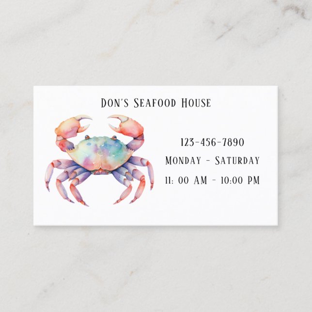 Trendy Watercolor Crab Company / Restaurant  Business Card (Front)