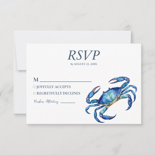 Trendy Watercolor Crab Nautical Beach Wedding RSVP Card (Front)