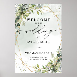 Trendy watercolor eucalyptus gold wedding welcome poster