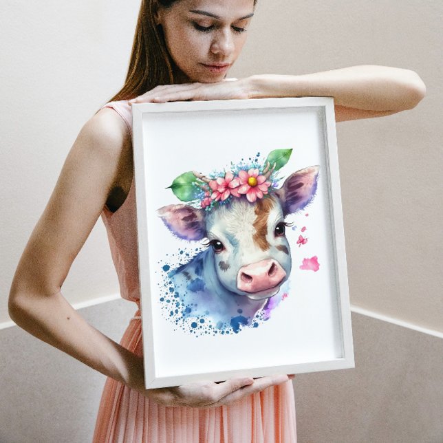 Trendy Watercolor Farm Cow and Wildflowers Nursery Poster (Creator Uploaded)