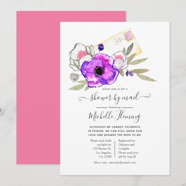 Trendy Watercolor Floral Baby Shower by Mail Invitation (Front/Back)