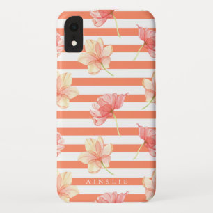 Trendy Watercolor Floral Coral Stripe Pattern iPhone XR Case