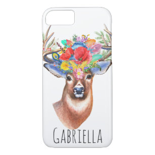 Trendy Watercolor Floral Stag Deer & Name Case-Mate iPhone Case