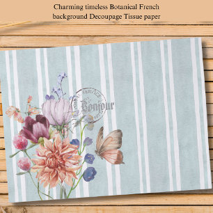 Trendy watercolor floral stripped Decoupage Blue Tissue Paper