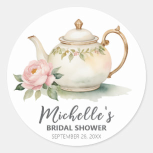 Trendy Watercolor Floral Tea Pot Bridal Shower     Classic Round Sticker
