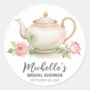 Trendy Watercolor Floral Tea Pot Bridal Shower     Classic Round Sticker