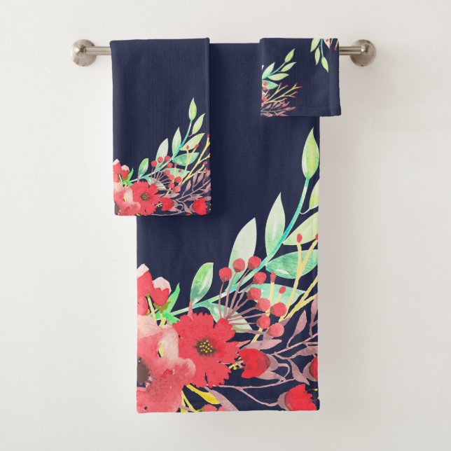 Trendy Watercolor Flowers & Foliage Bath Towel Set (Insitu)