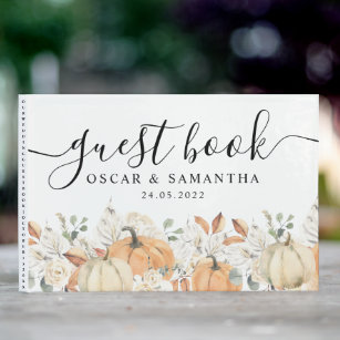 Trendy Watercolor Flowers & Pumpkins Autumn  Guest Book