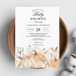 Trendy Watercolor Flowers & Pumpkins Autumn Invitation