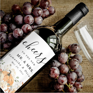 Trendy Watercolor Flowers & Pumpkins Autumn Wine Label