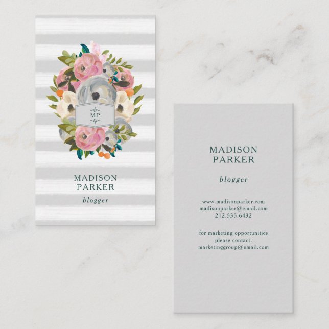 Trendy Watercolor Flowers with Chic Grey Stripes Business Card (Front/Back)