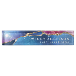 Trendy Watercolor Galaxy Gold Glitter Agate Nameplate