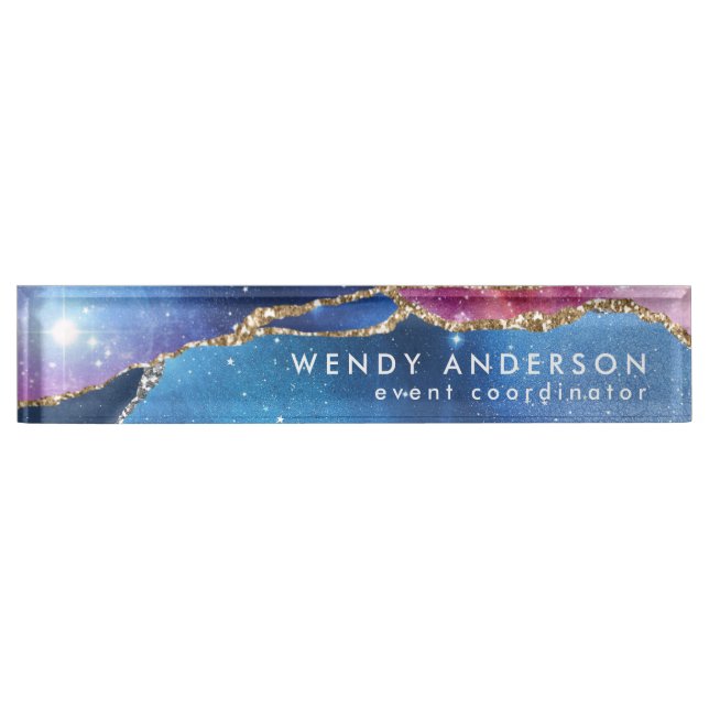 Trendy Watercolor Galaxy Gold Glitter Agate Nameplate (Front)