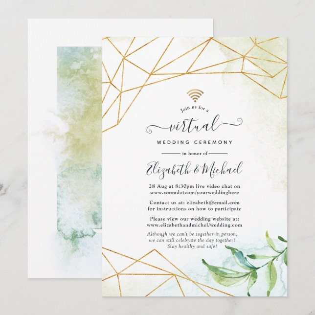 Trendy Watercolor Geometric Online Virtual Wedding Invitation (Front/Back)