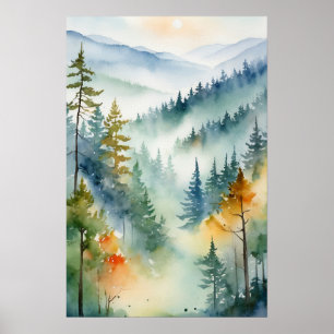 Trendy Watercolor Green Pine Forest Mountain       Poster