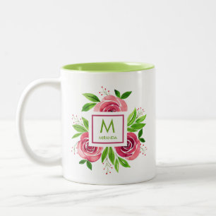 Trendy Watercolor Hot Pink Roses & Lime Monogram Two-Tone Coffee Mug