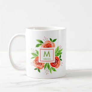 Trendy Watercolor Living Coral Roses Monogram Coffee Mug