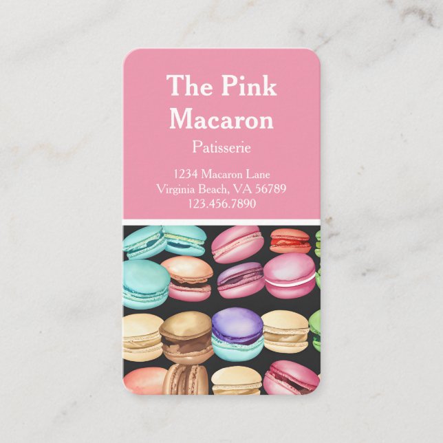 Trendy Watercolor Macaron French Patisserie Bakery Business Card (Front)