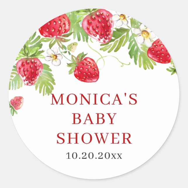 Trendy Watercolor Meadow Strawberry Baby Shower Classic Round Sticker (Front)