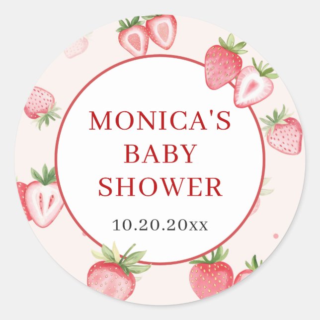 Trendy Watercolor Meadow Strawberry Baby Shower Classic Round Sticker (Front)