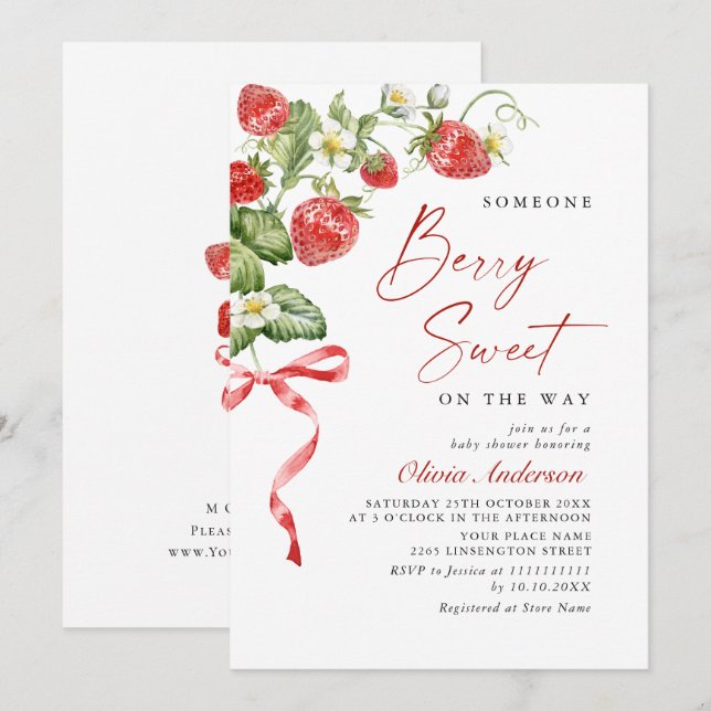 Trendy Watercolor Meadow Strawberry Baby Shower Invitation (Front/Back)