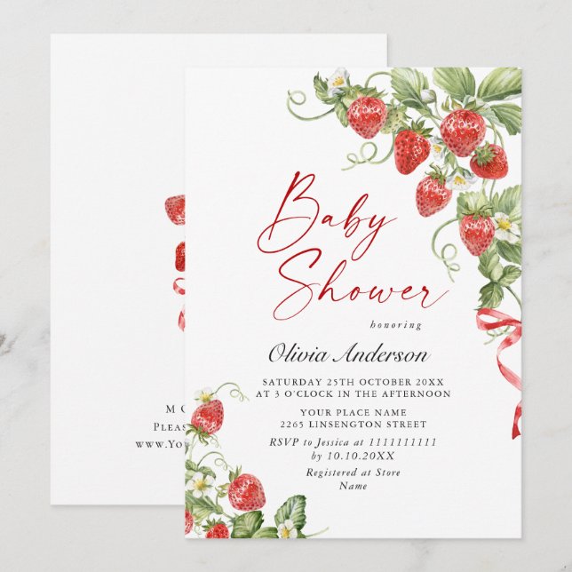 Trendy Watercolor Meadow Strawberry Baby Shower Invitation (Front/Back)