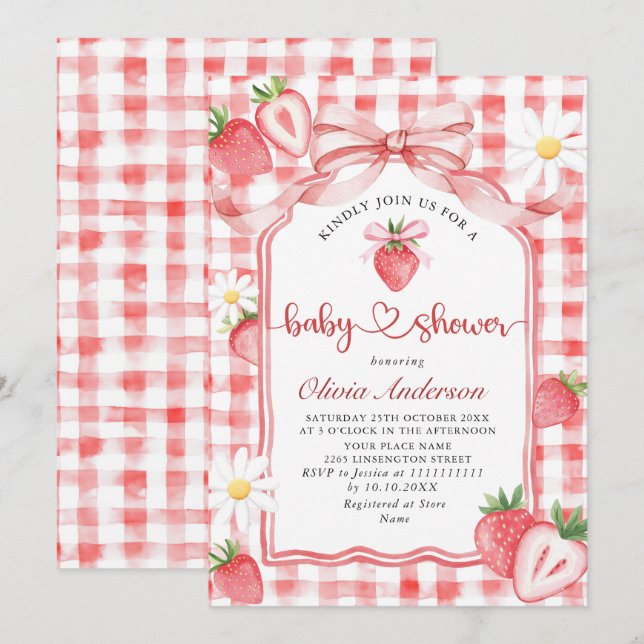 Trendy Watercolor Meadow Strawberry Baby Shower Invitation (Front/Back)