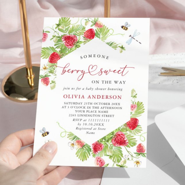 Trendy Watercolor Meadow Strawberry Baby Shower Invitation (Creator Uploaded)