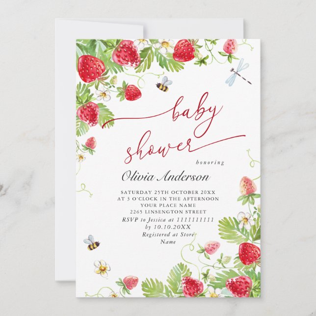 Trendy Watercolor Meadow Strawberry Baby Shower Invitation (Front)